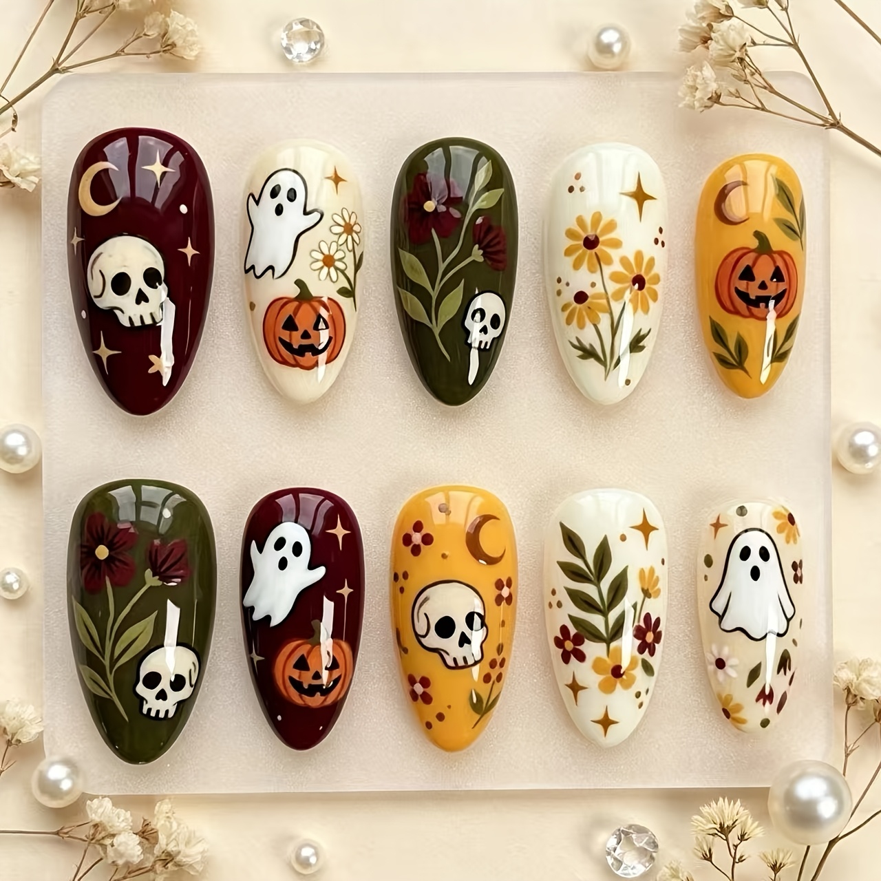 TEMU Ensemble de 10pcs Halloween Crâne Citrouille Marguerite Nail Art Peint Main Automne Couleur-Block Vert Foncé Jaune Chaud Base Ambiance Amovible