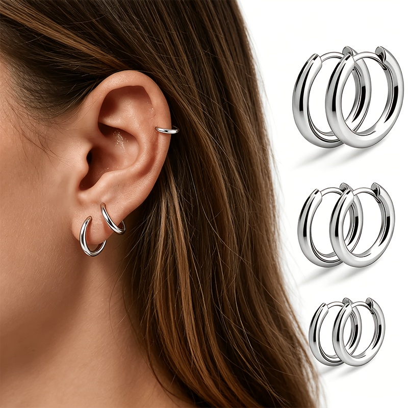 Image of 3 Pairs Steel Small Hoop Earrings, Suitable For Women, , Hypoallergenic Earrings, Hoop Earrings, Men's Earring Set, Multiple Piercings 8/10/112 Mm