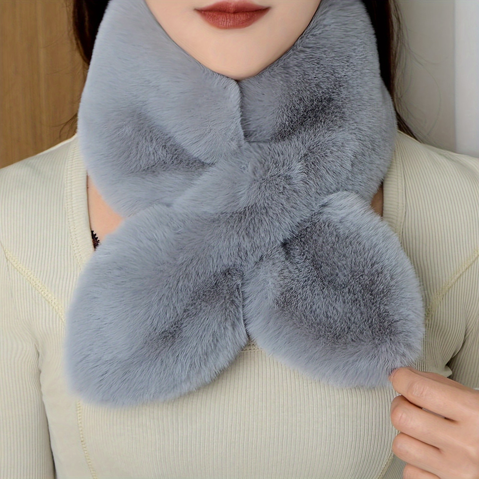 

Women's Elegant Rabbit Fur Scarf, Thickened & Fluffy, Non-elastic, Warm Neck Wrap, Hand Wash Or , For Outdoor Use, Decorative & Windproof, Solid Color