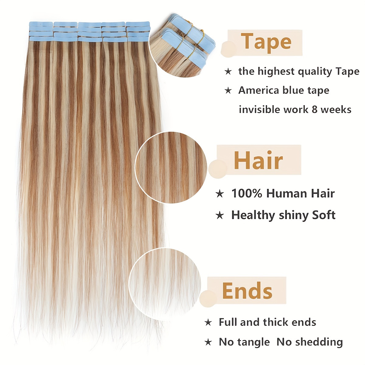   tape in hair extensions human hair real human hair tape in extensions straight highlight 100   seamless human hair extensions for women 12 24 inches 25g pack 10pcs skin weft details 1