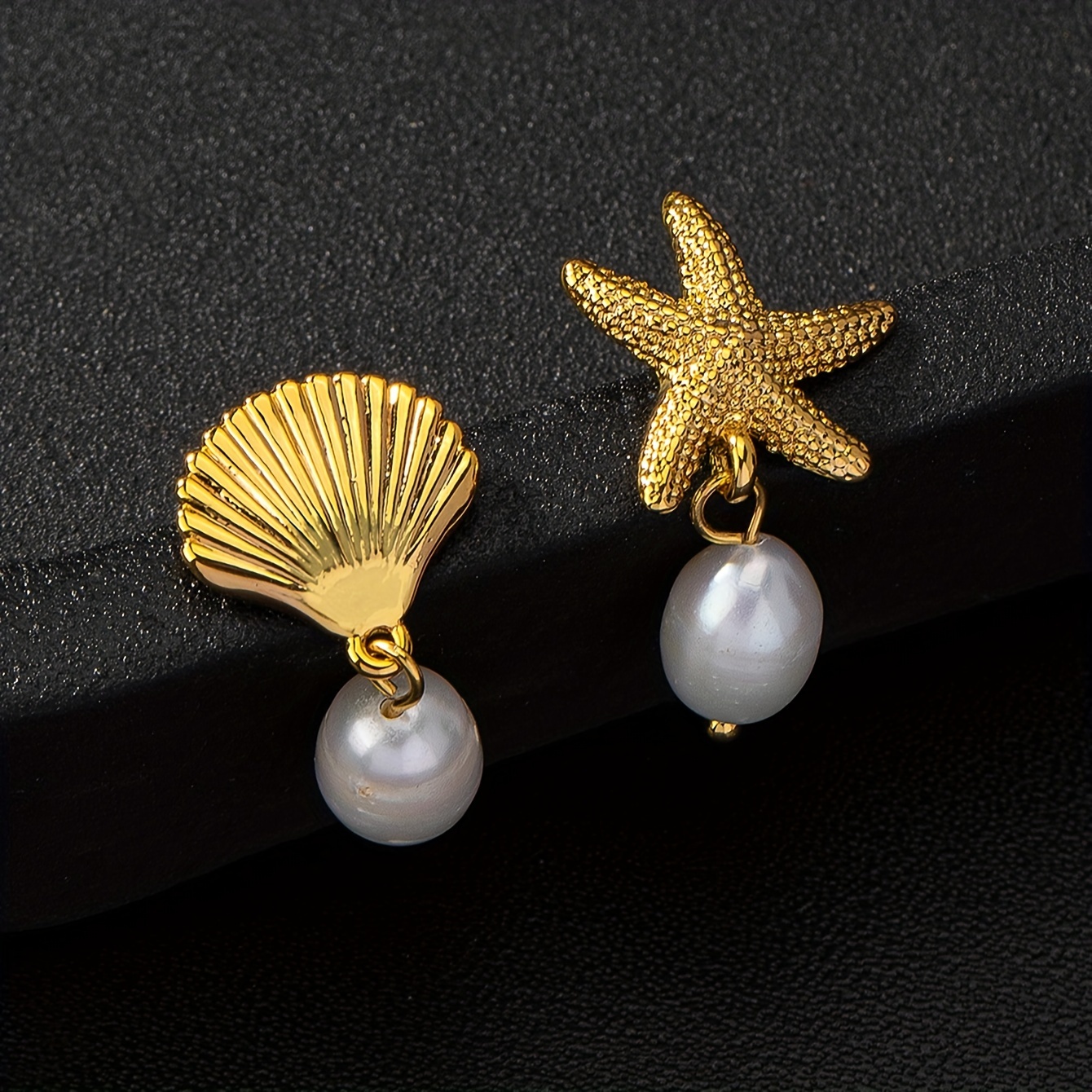 

Ocean Style Mismatched Earrings Plated Trendy Starfish & Shell Design Inlaid Freshwater Pearl Match Daily Outfits Party Decor