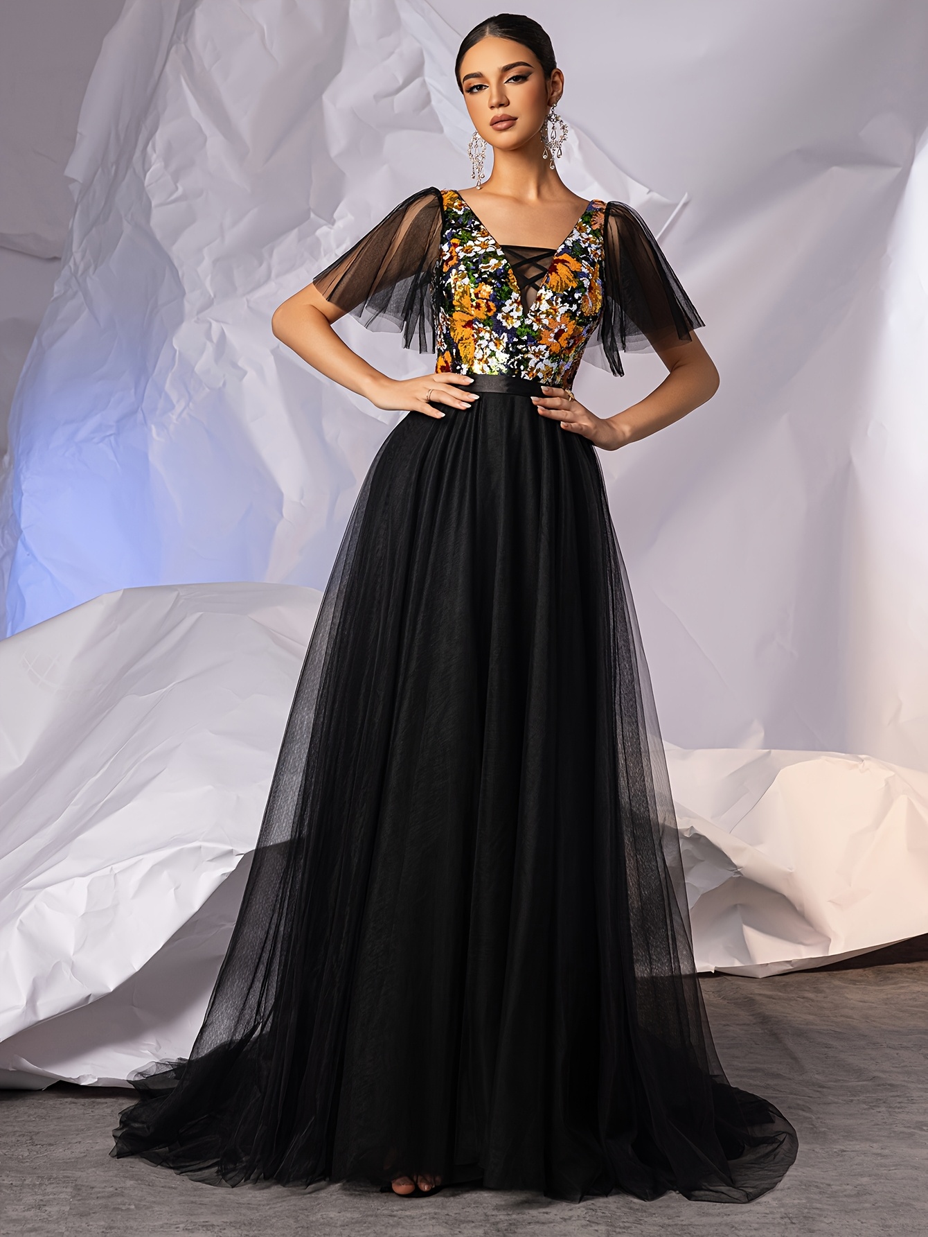 open lace back dress Long Ball Gown Satin Ruffle Off Shoulder Prom Dress – The Dress Outlet main image 1