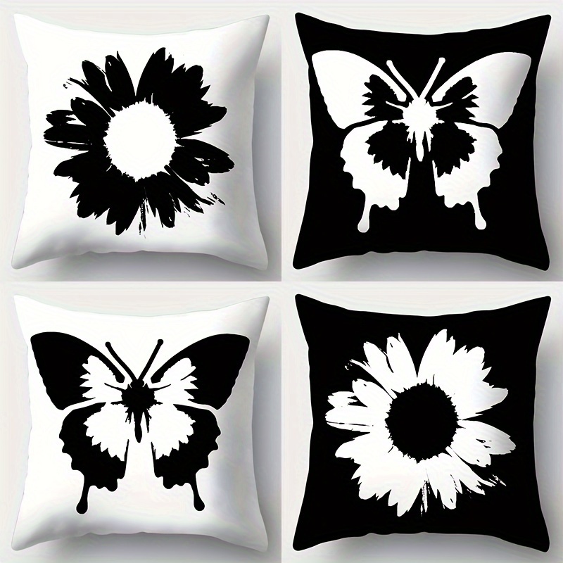 

4pcs Contemporary Black And White Decorative Throw Pillow Covers, 18x18 Inches, Butterfly & Flower Designs, 100% Polyester Fiber, Home And Living Room Decor, Zipper Closure (cushion Not Included)