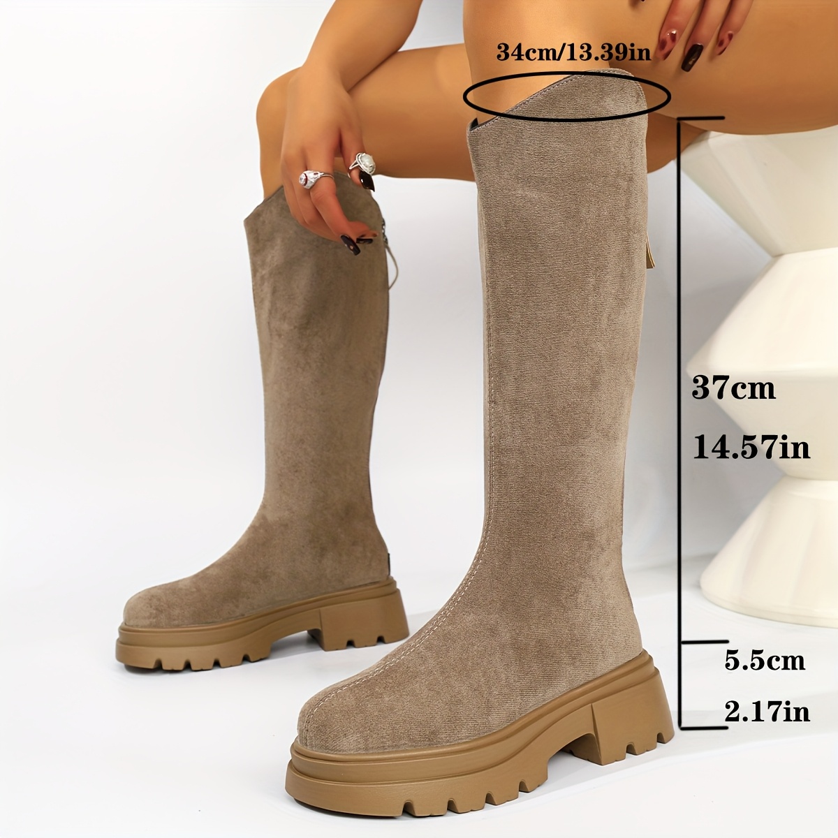 TEMU Women's Thick-soled High-top Riding Boots, Wide Calf Boots, V-neck High Boots For Plus Size Women, Winter Boots, Elegant Boots, Durable Boots,