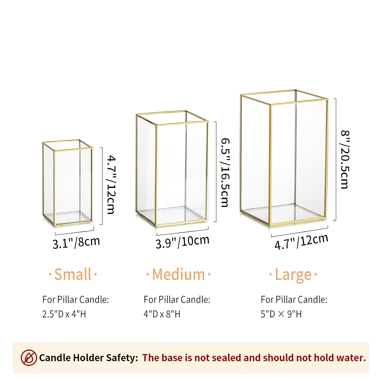 Rectangular Glass Wind Lantern - Gold - Large - Set Of 3 (1 Set)