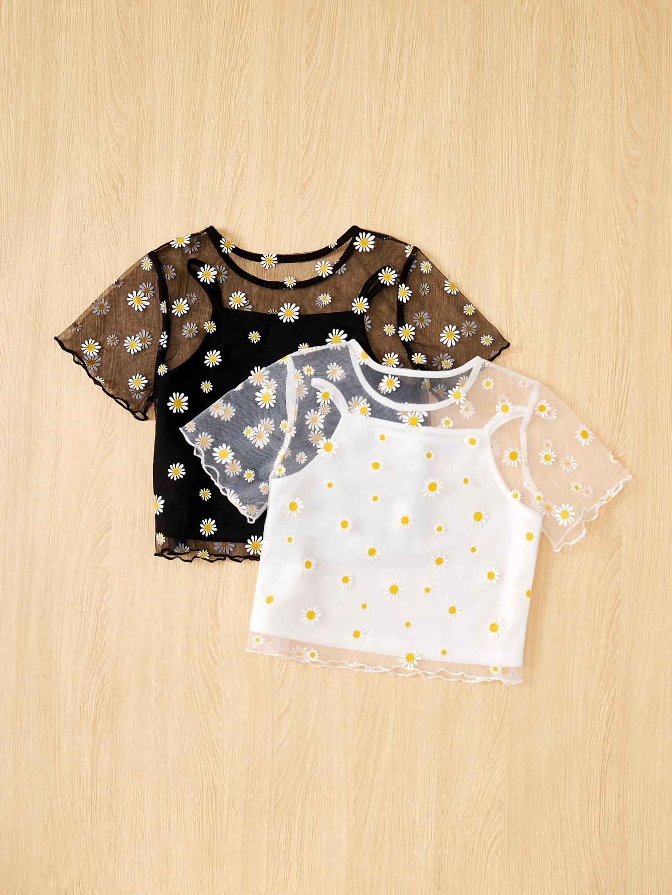 girl's round neck floral pattern mesh t shirt a Temu Ireland