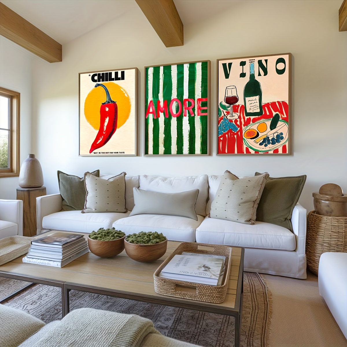 3-dijelni set vintage kuhinjski platneni zidni ukrasi, crvena čili umjetnost na  , zeleno prugasta amore  , vino print, dopamin dekoracija, ljetna kuća poster, psihodelični poster, retro večera print,   dnevna soba spavaća i kuhinja dekoracija, bez okvira