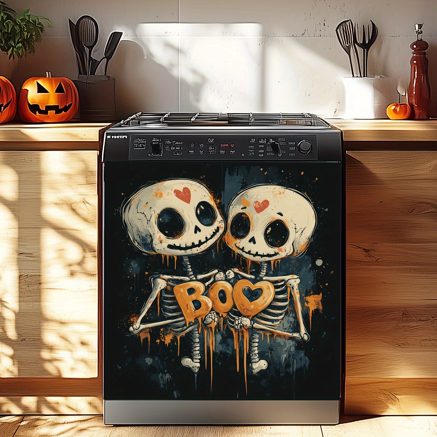 

1pc Vinyl Skeleton Dishwasher Sticker - Self-adhesive Indoor Decorative Decal For Appliance, Removable Art With Fantasy Theme, Refrigerator Magnet Panel, Transverse Orientation