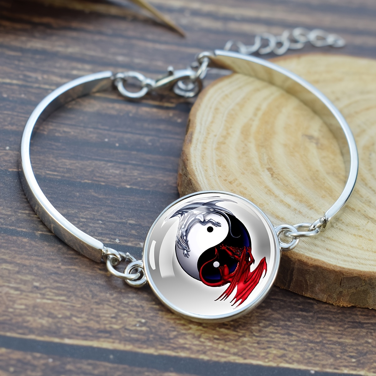 Yin Yang Dragon Design Glass Dome Adjustable Bracelet