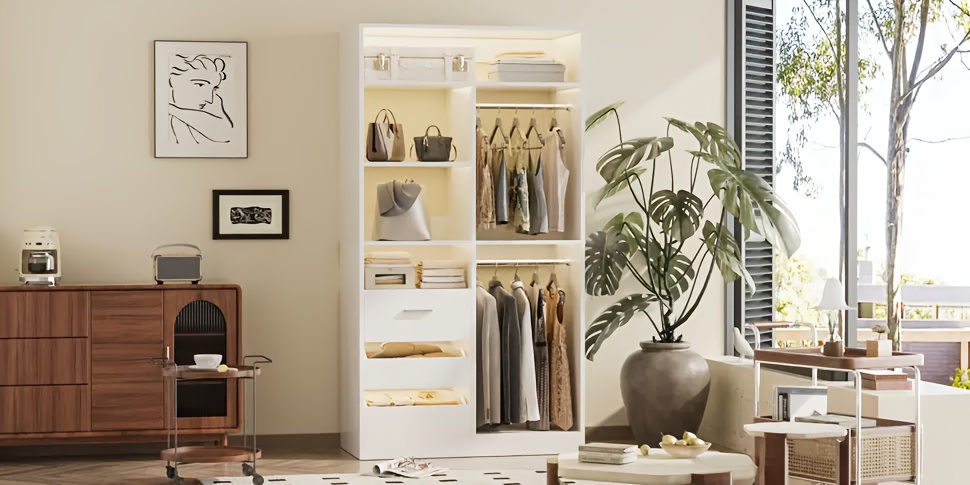 36Inch Closet System with 3 Drawers, 3ft Closet Organizer, Wood Closet Organizer System, Walk-in Closet Or Small Closets Wardrobe, Clothes Rack with 2 Hanging Rods And Storage Shelves, 36