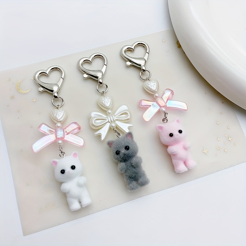 

Fuzzy Keychain With & - Cute Resin Animal Charm For Women's Bags, Backpacks & Car Keys, Cat, Keychain, Kawaii,