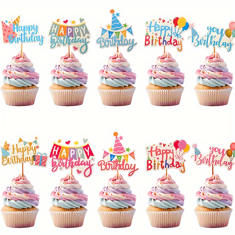

50pcs Happy Birthday Cartoon Cupcake Toppers Multicolor Balloons And Hats Cake Toppers, Cake Dessert Decoration For Baby Shower Cake Supplies Boys Girls Birthday Party Decoration