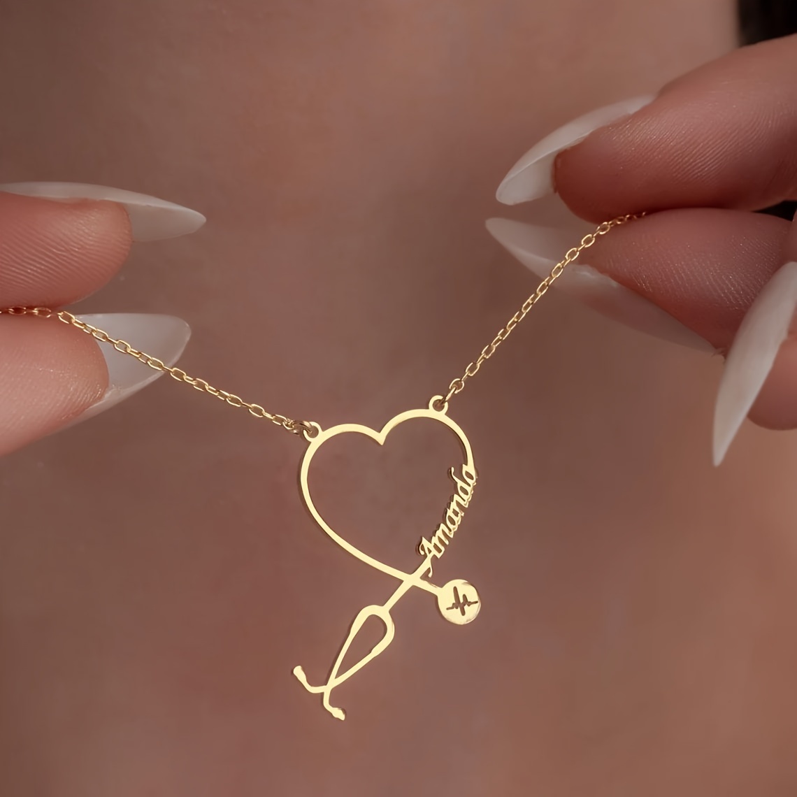 TEMU Personalized Stethoscope Name Necklace - Heart & Stethoscope Charm Pendant, Stainless Steel Golden-tone Jewelry Gift For Nurses Doctors, Day