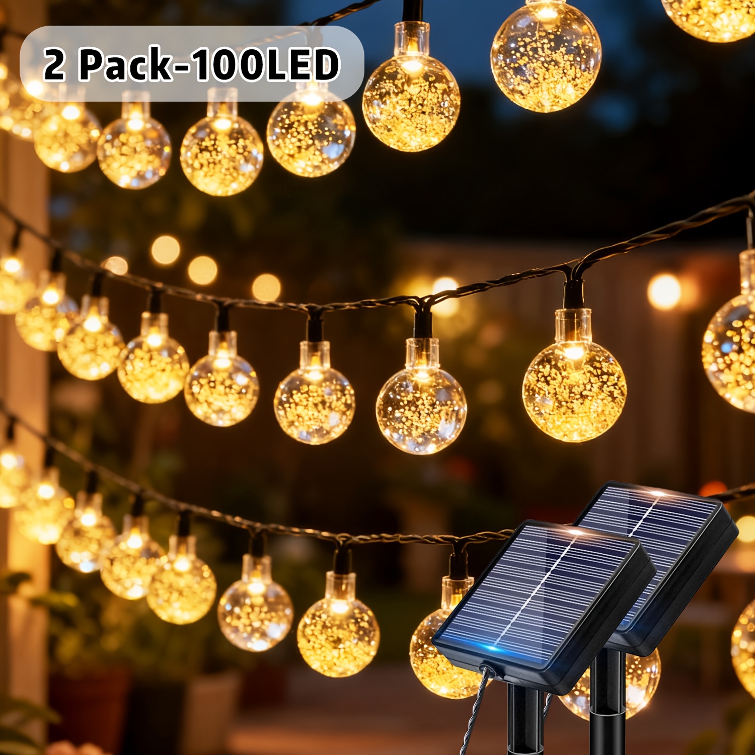 Image of Outdoor Led Courtyard Bubble Ball String Lights, 2 Packs 12m/100led With 12 Lighting , Solar Powered For Christmas Decor, Bedroom, Yard, Garden, Patio, Festival