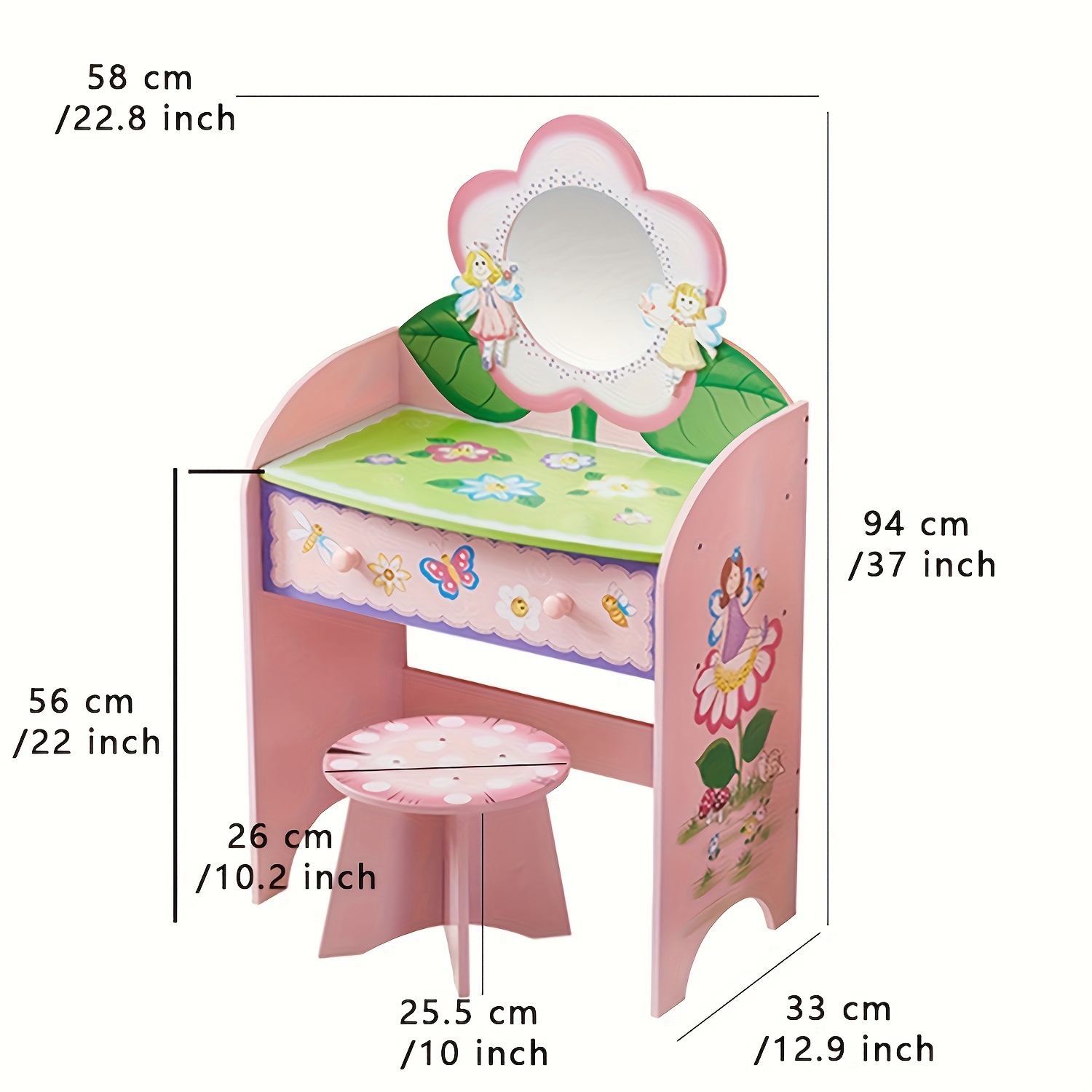 Kids Vanity Set - Princess Deluxe Vanity Table Set 2-in-1 Wooden Writing Desk & Stool, Mirror & Drawer, Perfect for Kids' Pretend Play, Developing Creativity And Fine Motor Skills, Durable Construction, Easy to Assemble, Best for Girls Christmas Gift