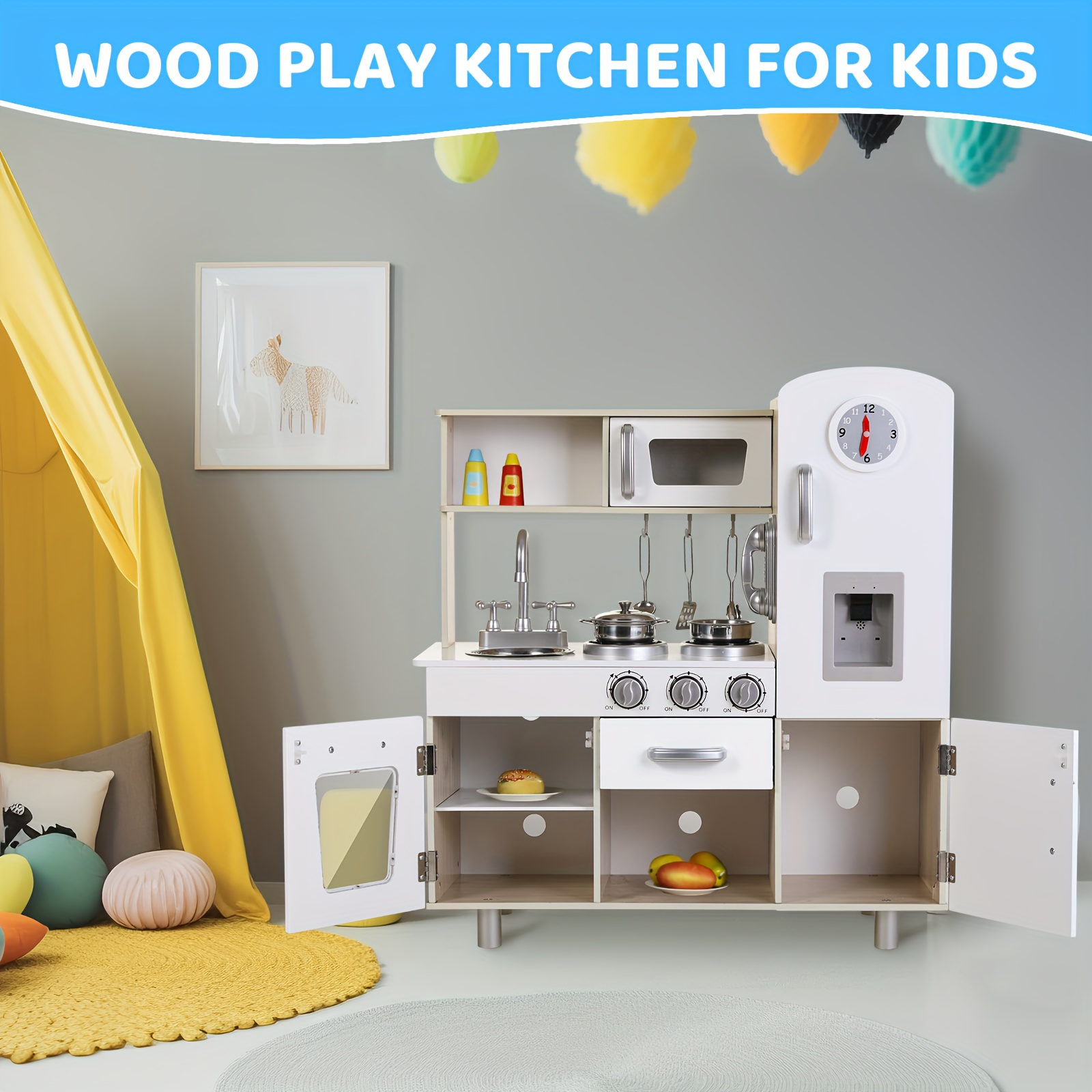 

Toy Kitchen Set, Children's Kitchen Toy Set, Wooden Simulation Cooking Toy Set With Simulation Sound, Stove, Microwave, Telephone, Clock, Water Dispenser, Storage Cabinet