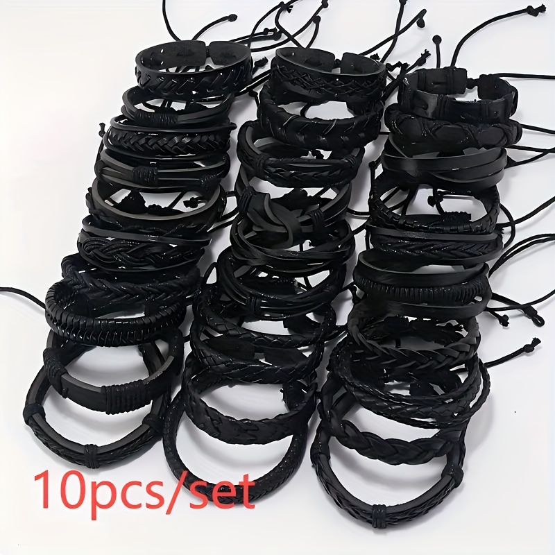 E-shop 10er-Pack Herren Handgewebte Mehrschichtige Kunstleder Armreifen Armband Set, Top-Verkäufe Verstellbare Armreifen Armband, Partner Armreifen