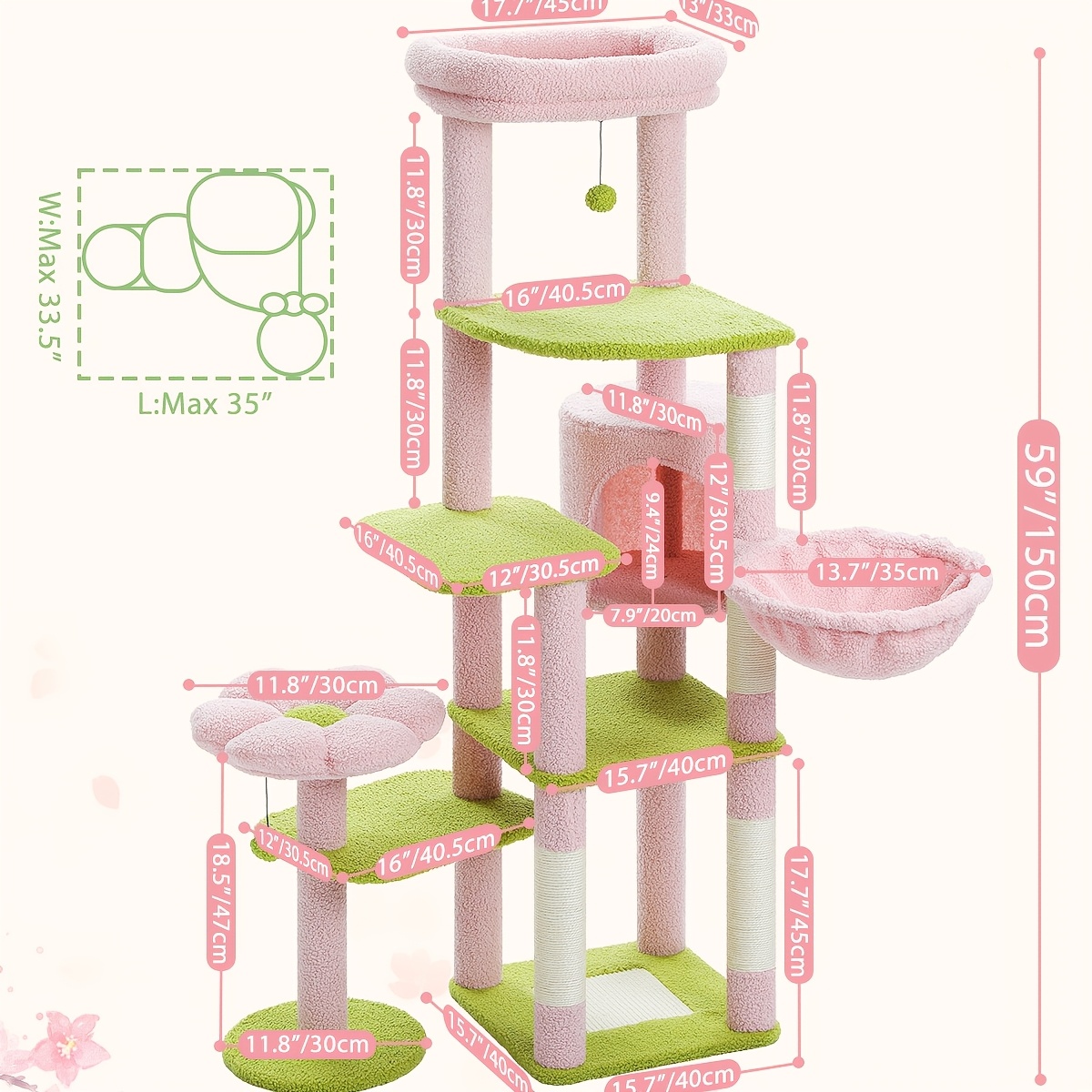 59 tall cactus cat tree for large indoor cats multi level cat tower with plush hammock scratching posts 2 perches durable wood fiberboard construction