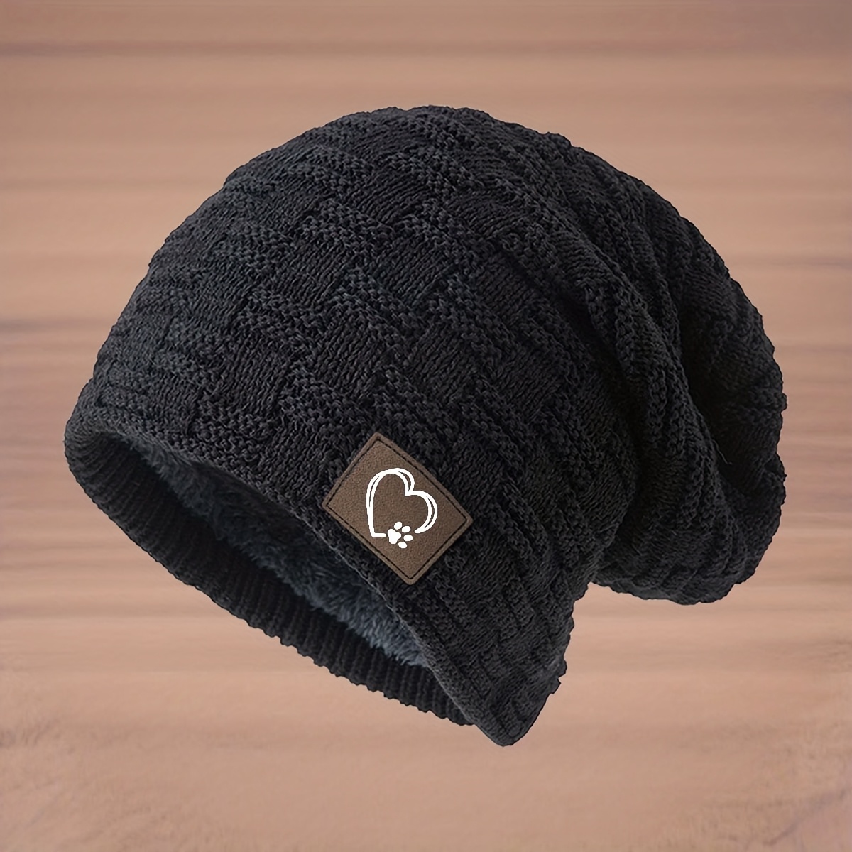 Image of Fashion Faux Leather With Heart Paw Print Knit Hat Unisex Beanie Winter Street Ski Hat Plus Velvet Thickened Pullover Hat