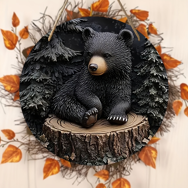 

1pc Rustic Black Bear On Tree Stump Wooden Wall Art - Elegant 2d Print Decor With Wreath For Living Room, Office, Cafe, Bar - Door Or Wall Hanging, & Dorm Gift