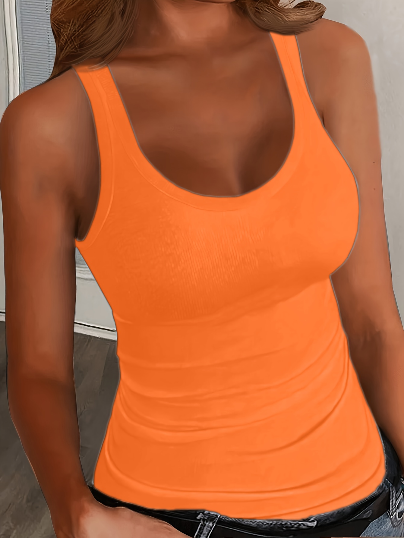 Women's Elegant U-Neck Cami Top - Black, Stretchy Polyester Blend, Sleeveless, Machine Washable, Form-Fitting, All-Season Wear, Casual Layering Piece | Formfitting Design | Plain Weave Top