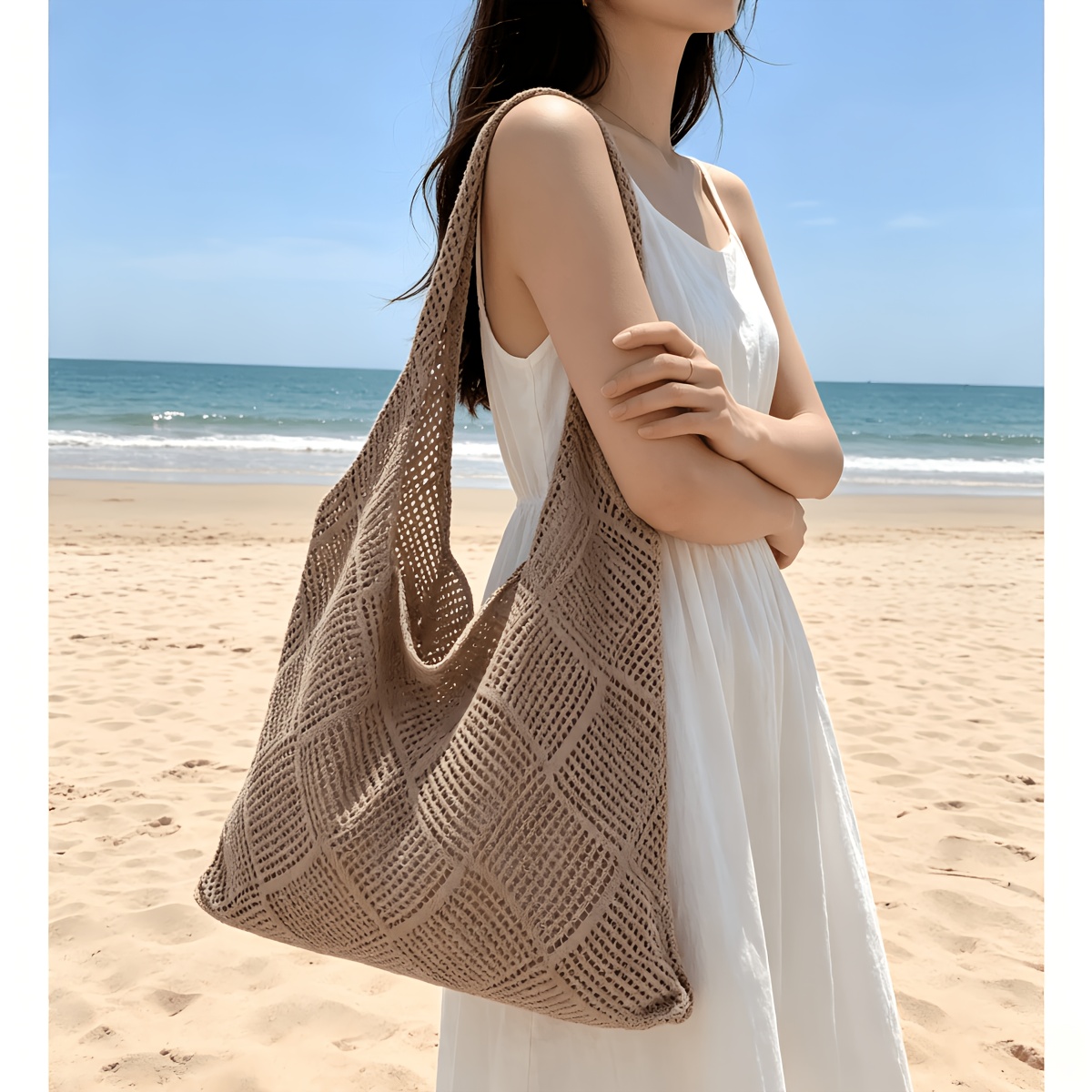 TEMU Women' Large Hollow-out Tote Bag - Large-capacity Solid Color Handbag With Hollow-out Shoulder Strap, Spacious Suitable For Travel, Commuting &,