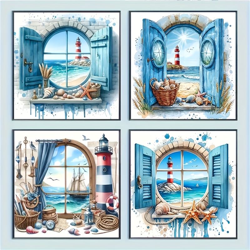 Image of Set Of 4 Island Scenery Diamond Painting Kits - 20x20cm Round Acrylic Diamonds, Perfect For Decor And Art