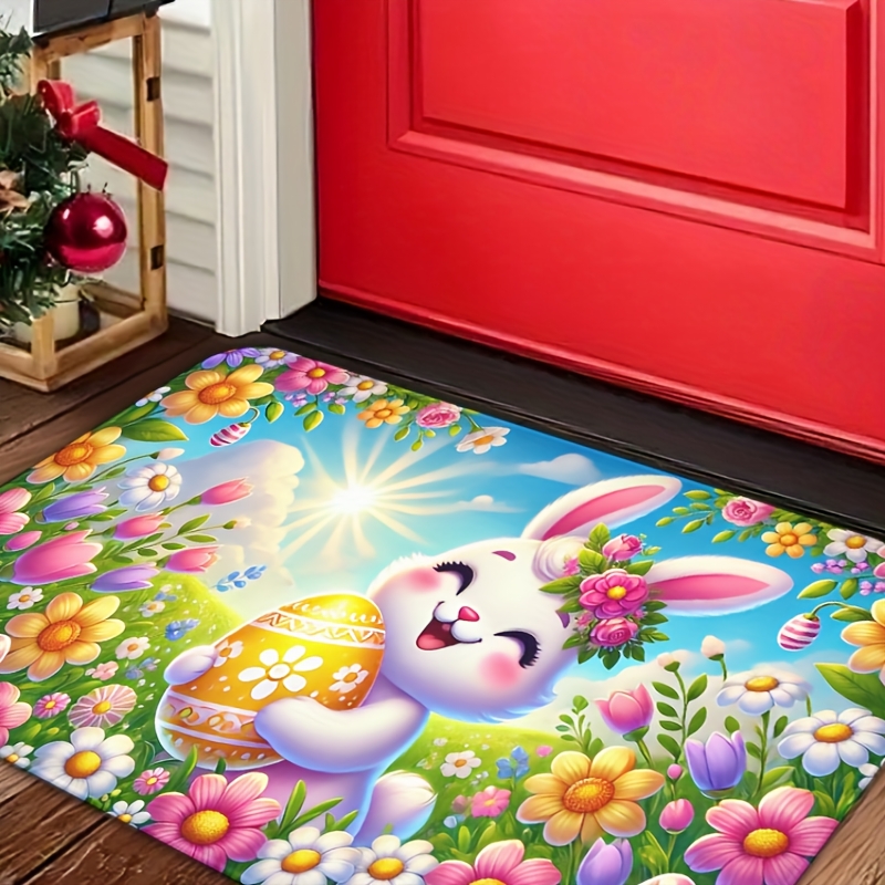 

1pc Easter Bunny With Flowers And Egg Flannel Door Mat, Non-slip Knit Weave, Machine Washable, Absorbent Decorative Carpet For Indoor/outdoor Use, Polyester, Square Shape, 1.2cm Thick