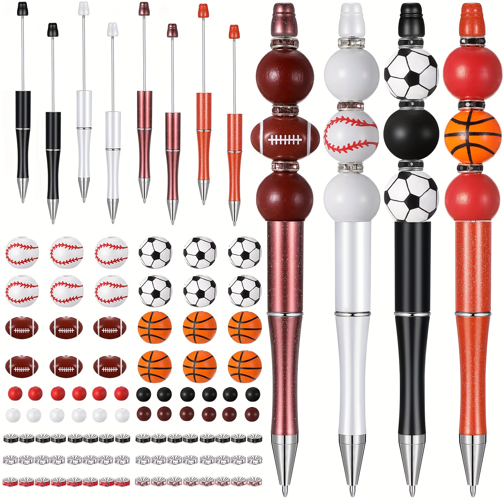 

106pcs Sports Bead Pen Kit - Diy Craft Set With Assorted Plastic & Wood Ballpoint Pens, Crystal Spacers For School & Office Gifts