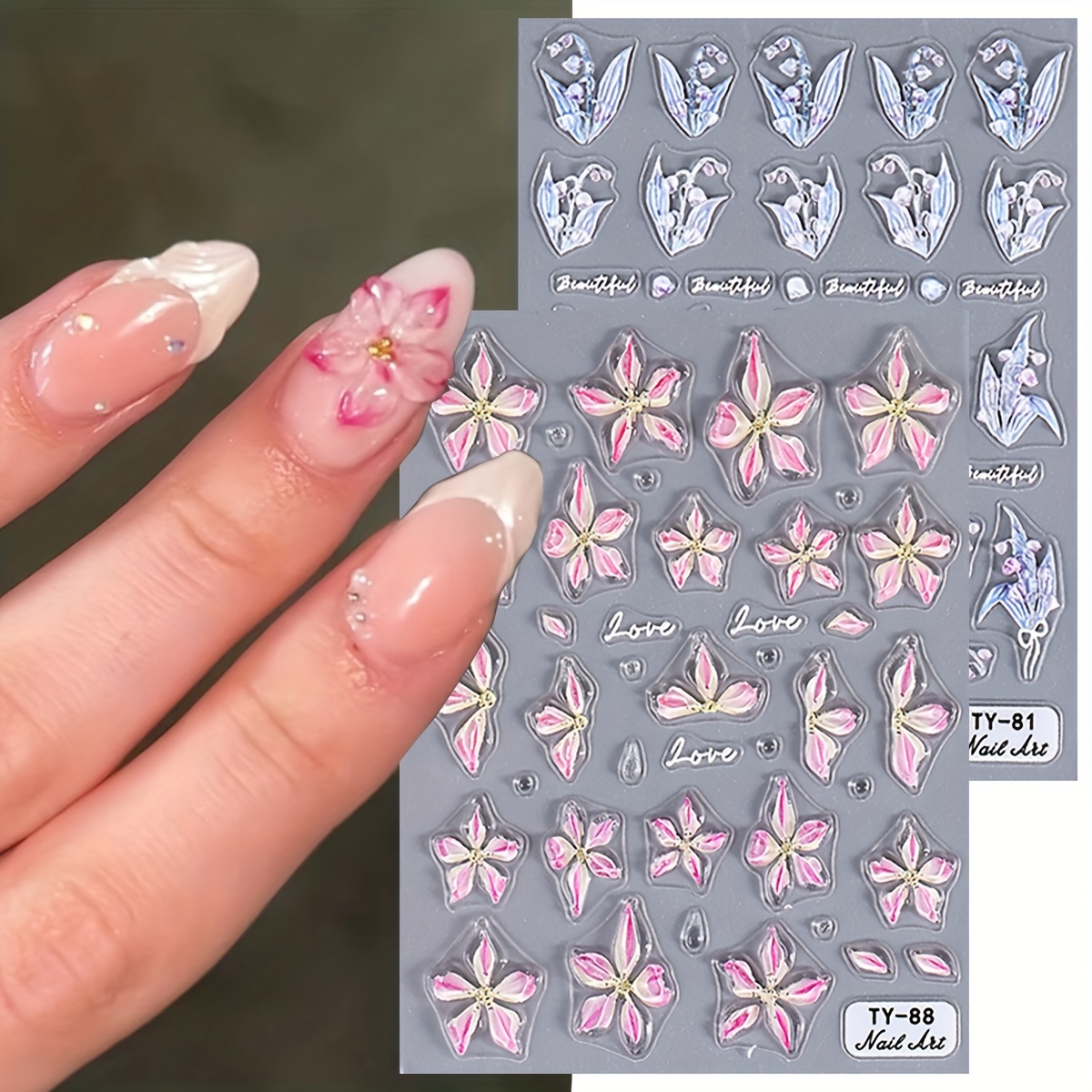 

2-piece Floral Nail Art Stickers - Pink Lily & Blue Designs, Self-adhesive Embossed Charms For Diy Manicure Decorations