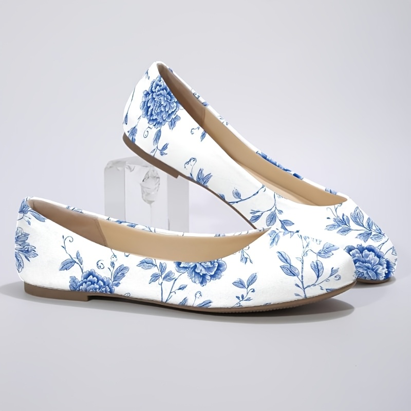 TEMU Women's Round-toe Flats And Blue Floral 2d Print, Women Shoes Elegant Women Shoes Shoes