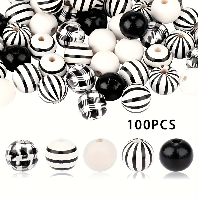 Image of And White Beads In A Farmhouse Style - Featuring Black And Check, Stripes, And Solid Colors - 16mm Polished Craft Beads, Suitable For Decoration, Home Decor, And Country Projects
