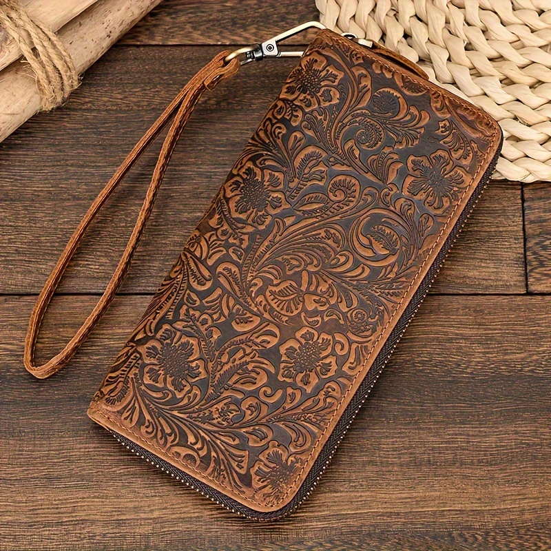 Image of Men Retro Top Layer Cowhide Long Wallet With Zipper Coin Pocket Embossed Flower Pattern Zipper Around Travel Clutch Purse Retro Genuine Leather Card Holder Case For Phone