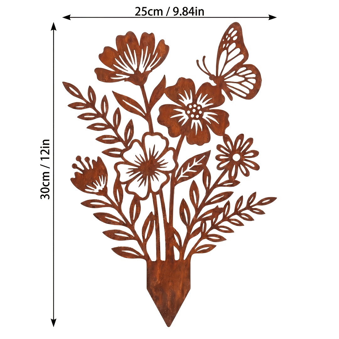 TEMU 2d Flat, [2d Flat] 1pc Vintage Rust-colored Metal Bouquet Hollow-out Garden Stake, Wrought Iron 2d Flat Daisy Leaf Silhouette Lawn Decorative