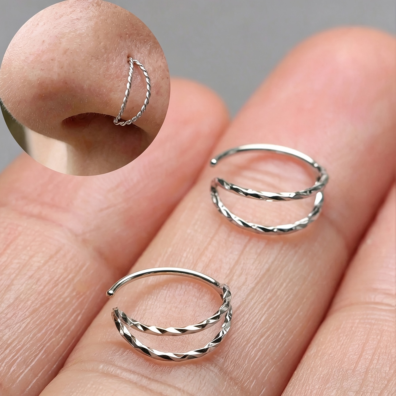 TEMU 2pcs Minimalist 20g Double-layer Twisted Open Hole Nose And Lip Jewelry Set - Skin-friendly And Hypoallergenic | Steel Cartilage Clip Ball