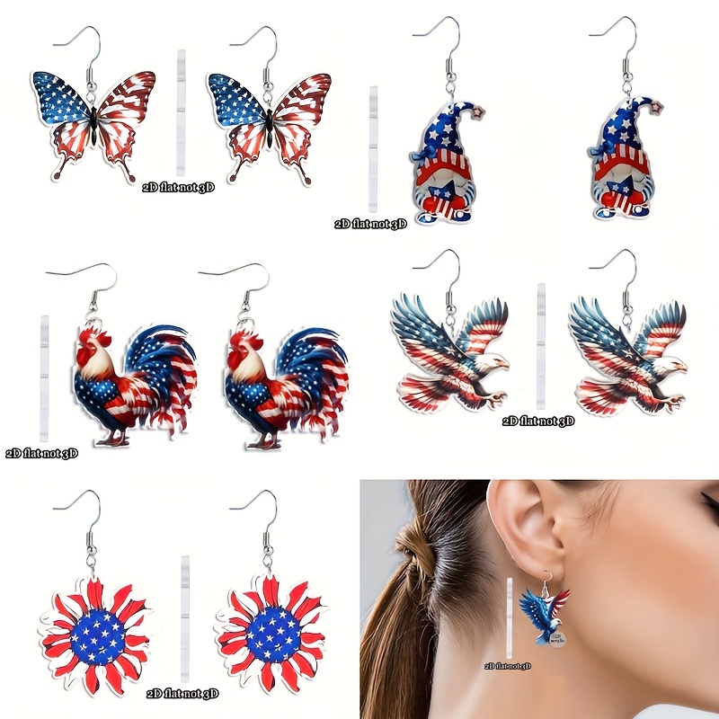 TEMU 2d Flat Acrylic Day Theme Earrings, 6 Pairs Patriotic Holiday Earrings Featuring Eagle, Rooster, Sunflower, & Gnome Designs, Perfect For Festive
