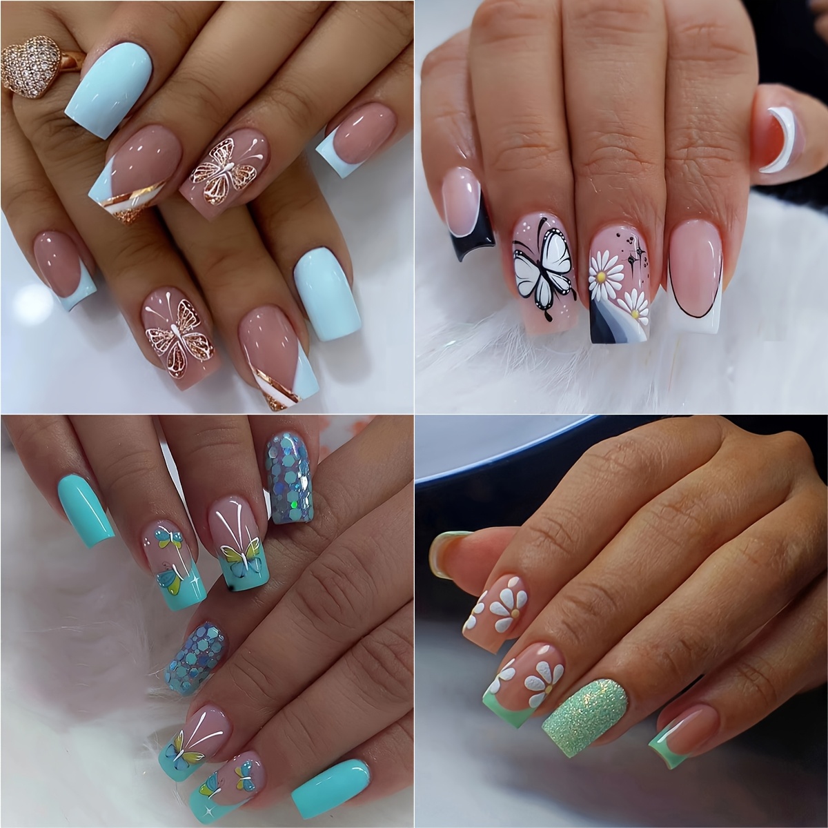 Image of Upgrade Your Look 4 Packs/96-pcs Medium-length Square Fresh -green Floral Nail Art With Beveled Full-coverage Nail Set For Casual Daily Wear & 2 Nail Files & 4 Jelly Self-adhesive Stickers