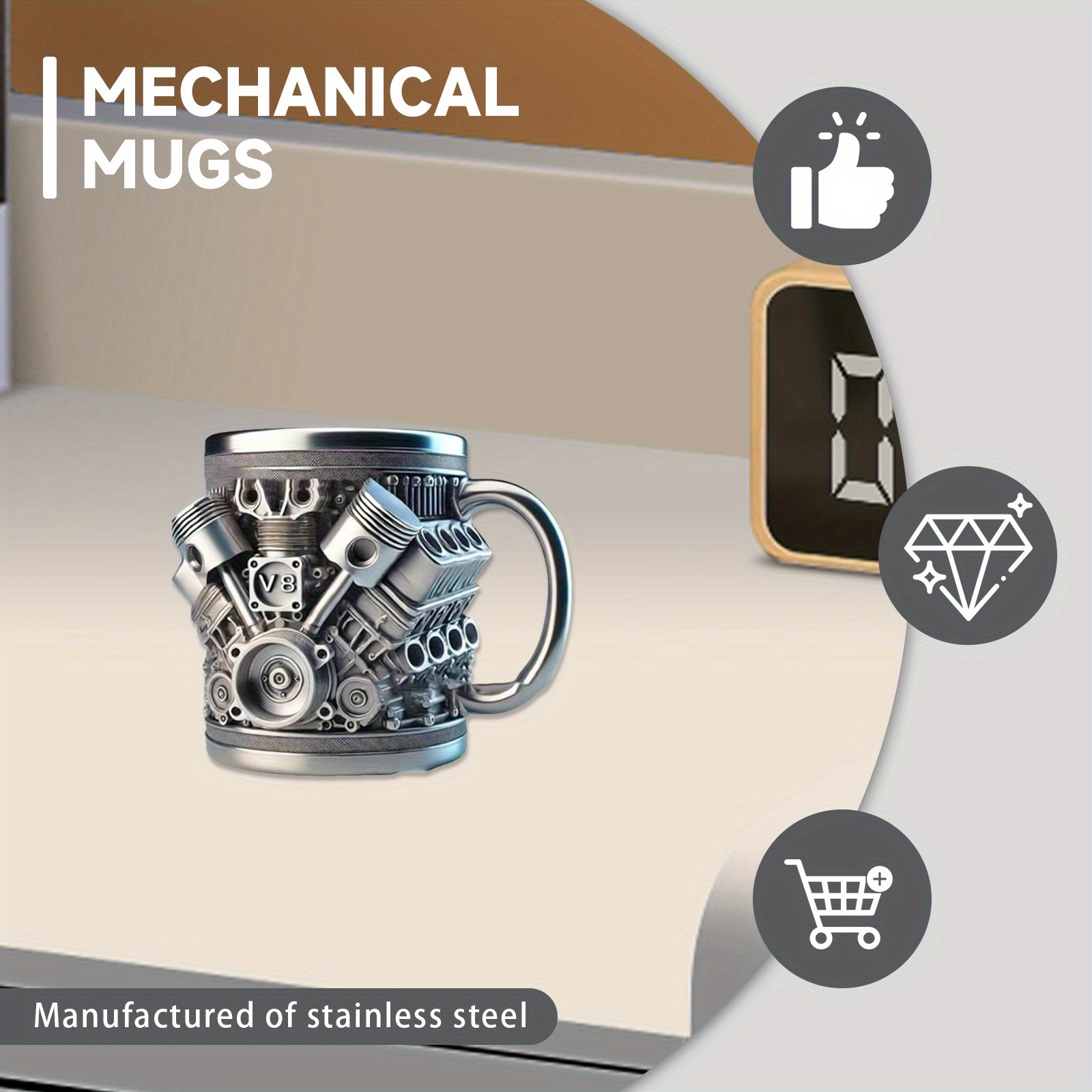 15oz stainless steel engine design coffee mug v8 v6 engine compartment durable stylish   car enthusiasts hand wash only reusable metal cup for hot or cold beverages Product details 0