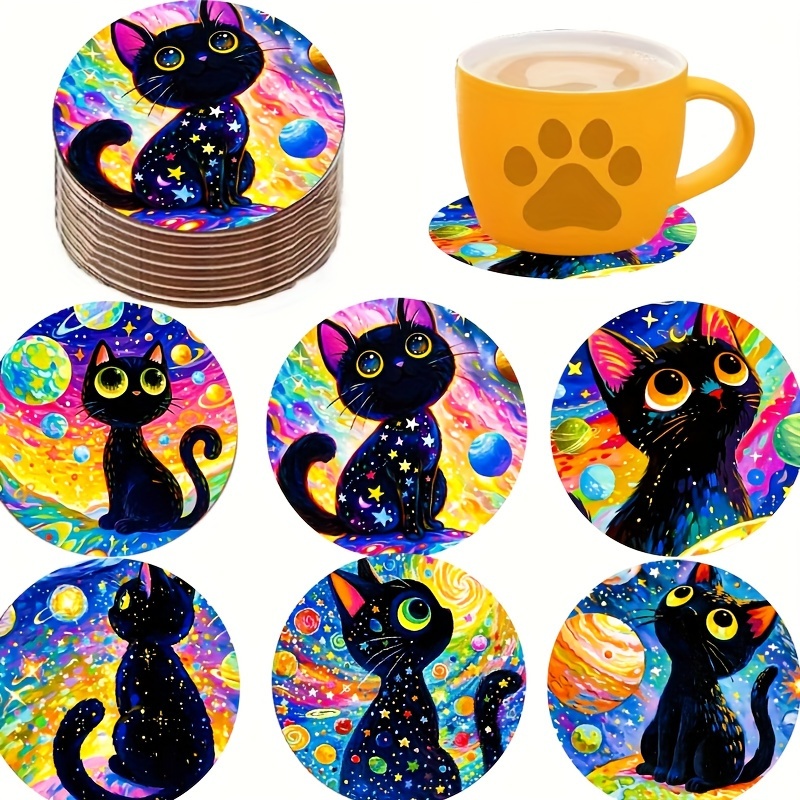 

6-piece Set Of Colorful Cat Design Wooden Coasters - Heat-resistant, Perfect For Coffee & Tea Cups, Ideal For Home And Cafe Use