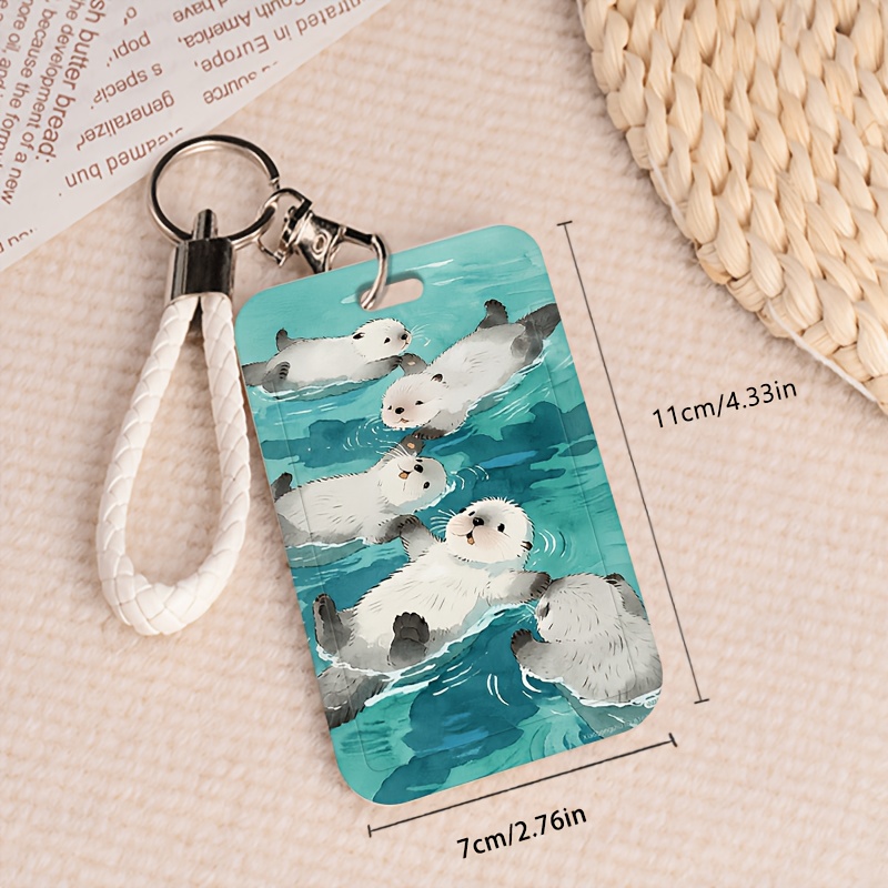 TEMU 2d Cute Otter Watercolor Art Id Card Holder And Lanyard,plastic Card Protection Case.for Doctors, Nurses, Student Office Employees Id Card Bank