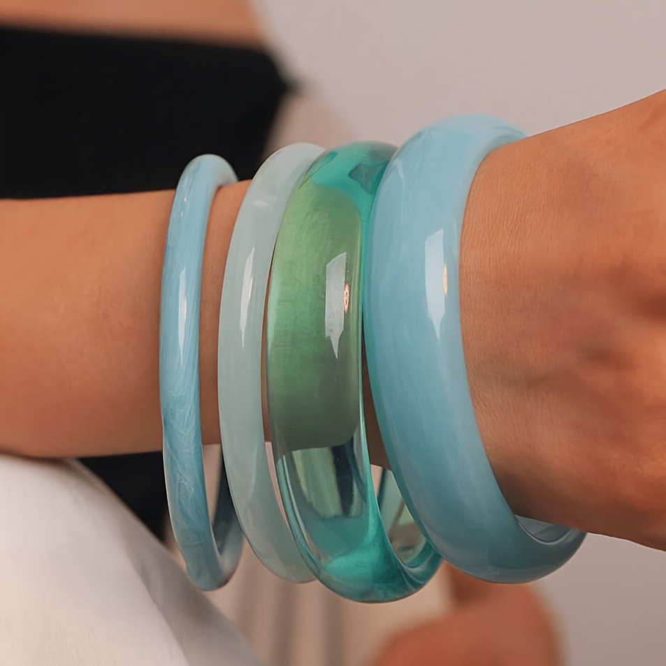 TEMU 4-teiliges schlichtes stilvolles Vintage-Armband-Set für Damen aus Acryl im gemischten Stil mit blauem Ozean-Thema, geeignet für den täglichen
