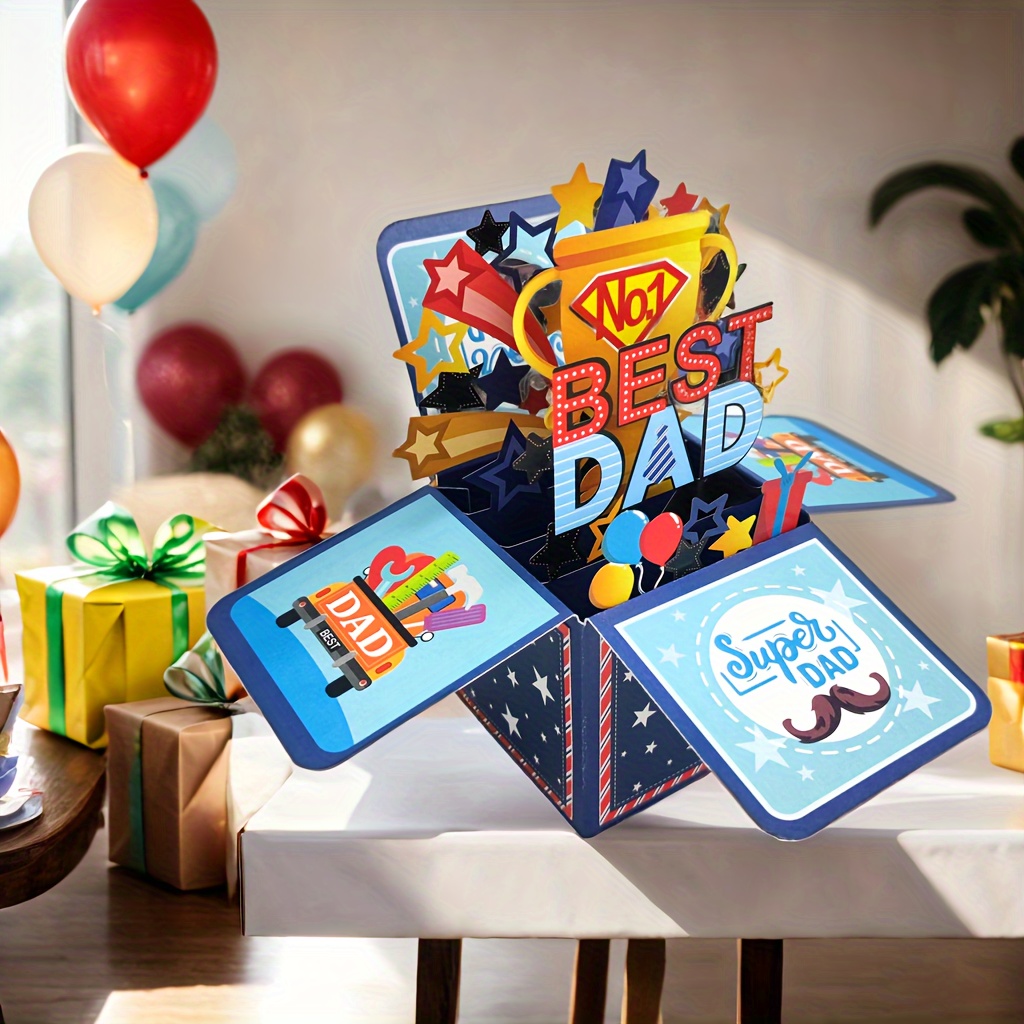 

Best Dad Ever 3d Pop-up Greeting Card Box - Cute & Foldable Father's Day Surprise Gift, Birthday Blessing & Message Card For Dad, Cartoon Theme Party Decoration