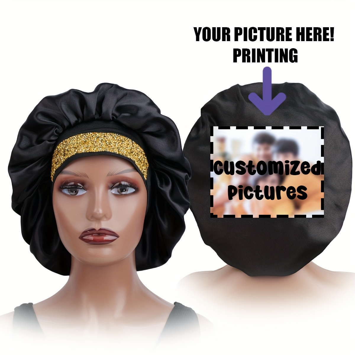 TEMU Bonnet de cheveux en satin personnalisé avec une bande de strass éblouissante et un design personnalisé - un bonnet de nuit noir élégant pour