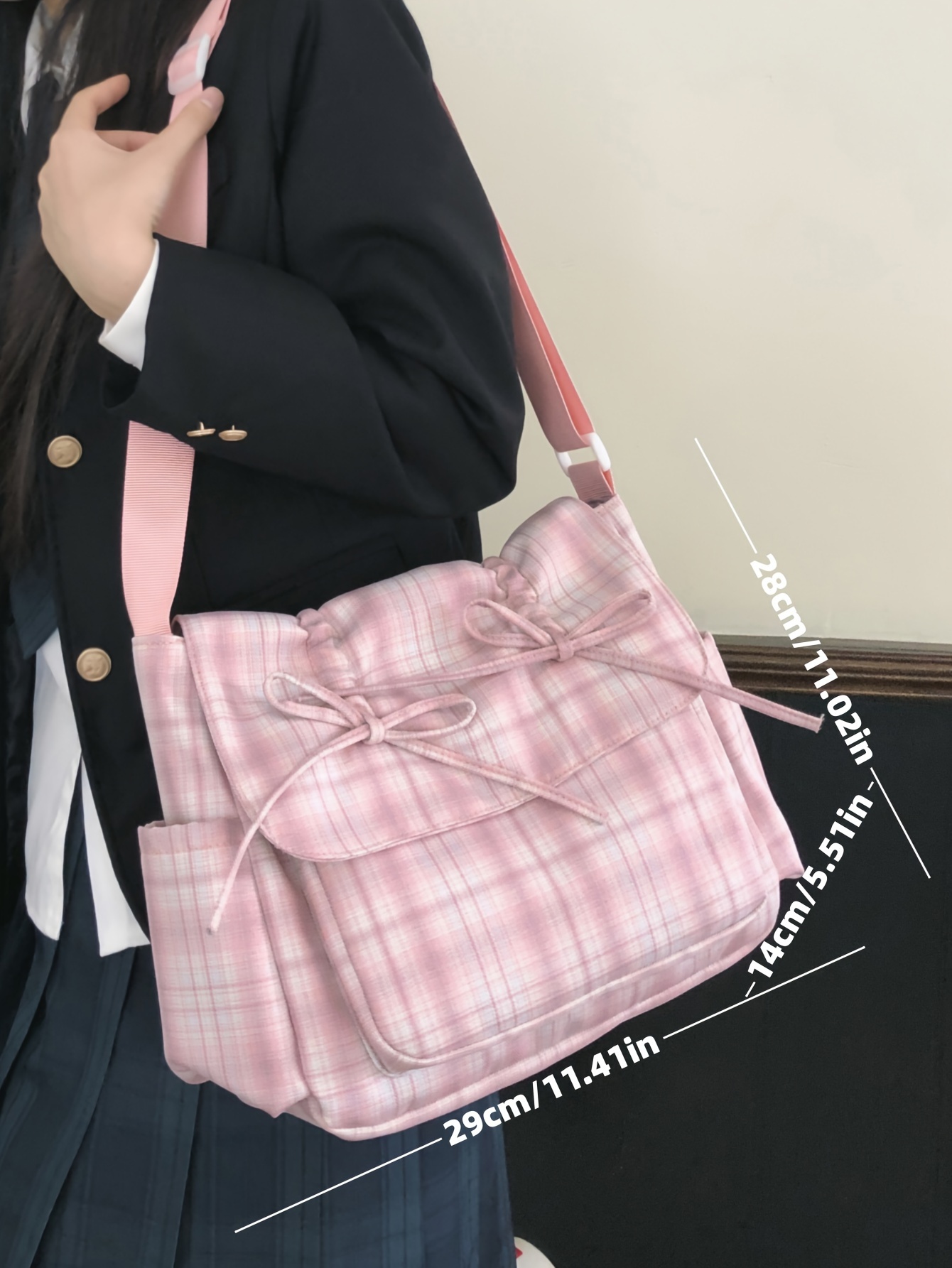 Hellrosa Umhängetasche Im Preppy-stil Mit Karomuster Und Schleife_voghion.com