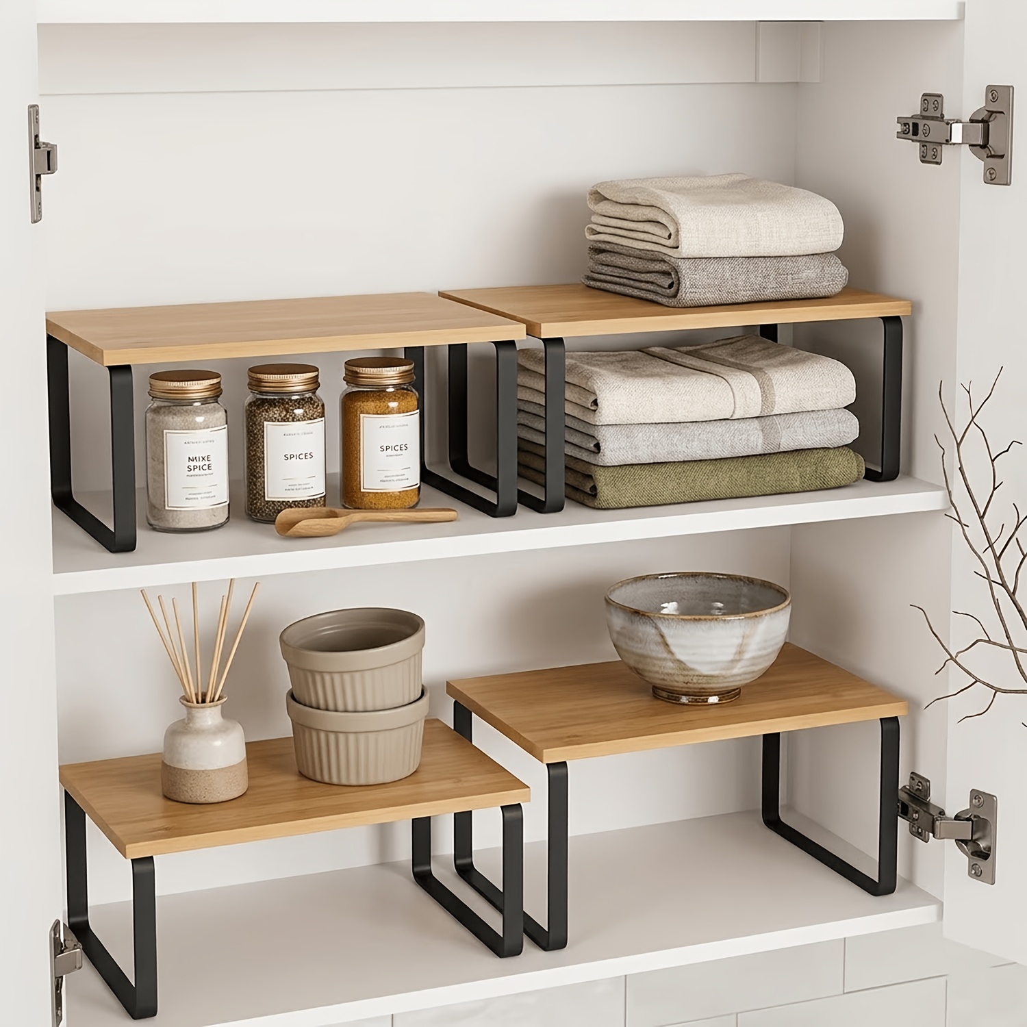 TEMU Set Of 2pcs Adjustable And Stackable Shelf Organizers - Versatile Wooden Storage Rack For Kitchen Counters, Spices, Bathrooms, And Pantries -