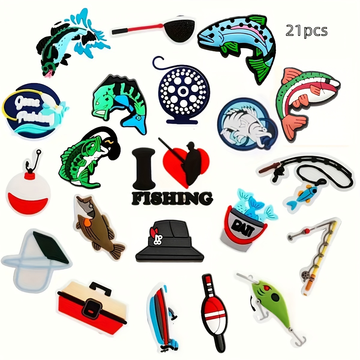 Image of 21pcs Cartoon Cute Fishing Theme Jewelry Set Shoe Charms, Bag, Wristband And Additions, Detachable Additions - Birthday, Christmas, Valentine's Day, Halloween Gift
