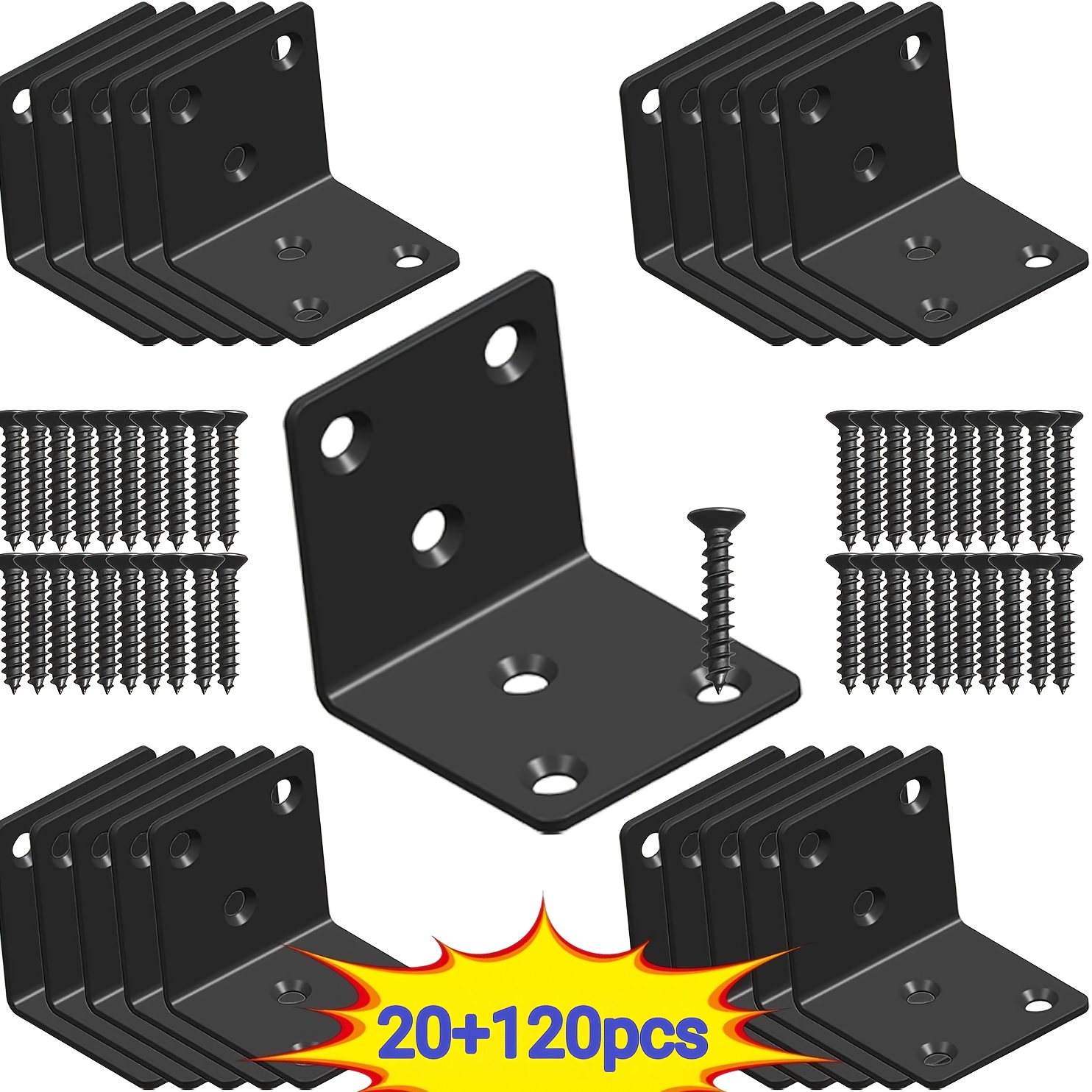Image of 20 Brackets + 120 Screws, Industrial Corner Brackets, Heavy-duty Black L-shaped Angle Brackets, 140° Adjustable Height, Pre-drilled For Easy Assembly, Industrial Hardware, Corner Braces
