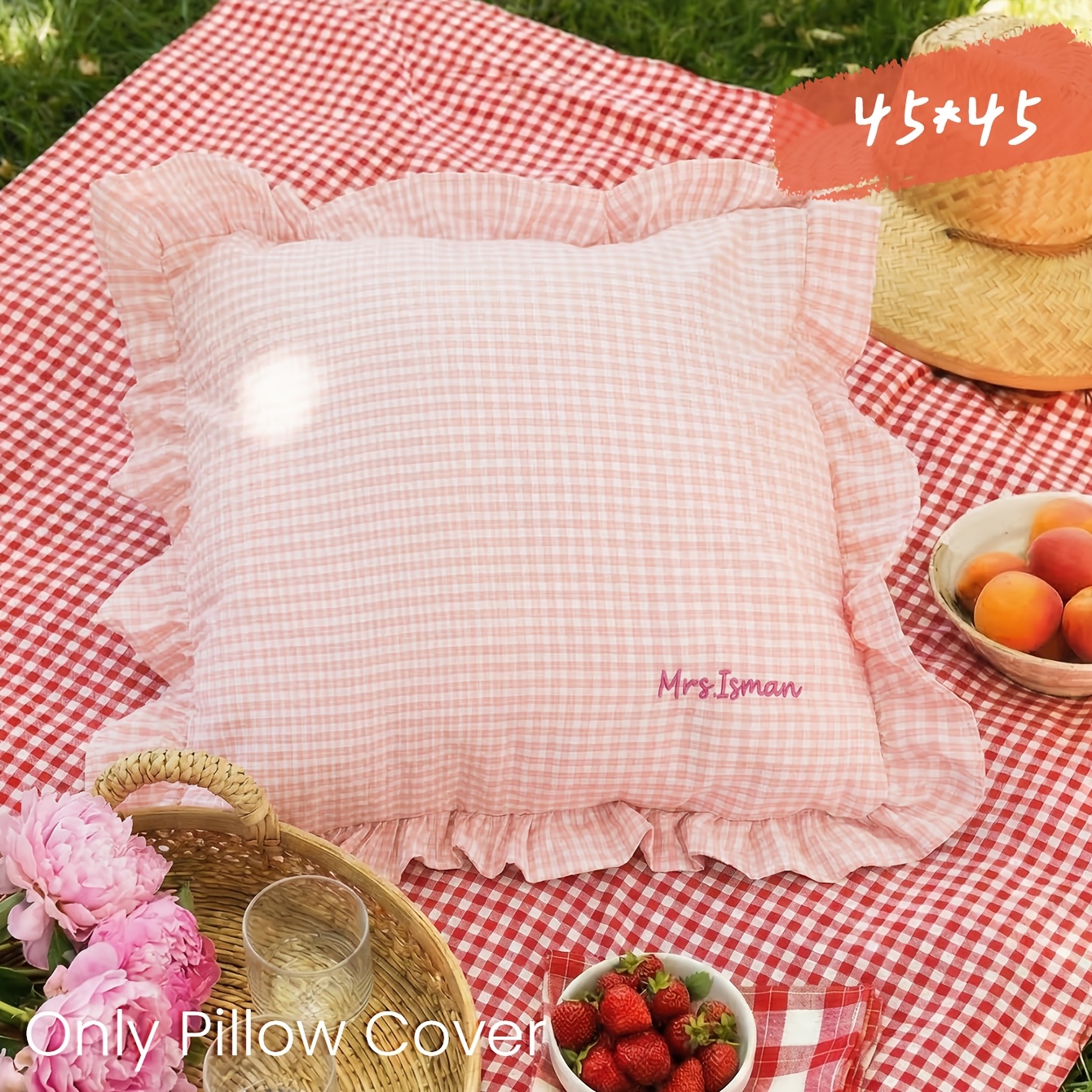 TEMU Customized Personalized Embroidered Name Cute Gingham Ruffle Pillow Cover Custom Name Embroidery Cushion Cover Soft Decorative Pillowcase For