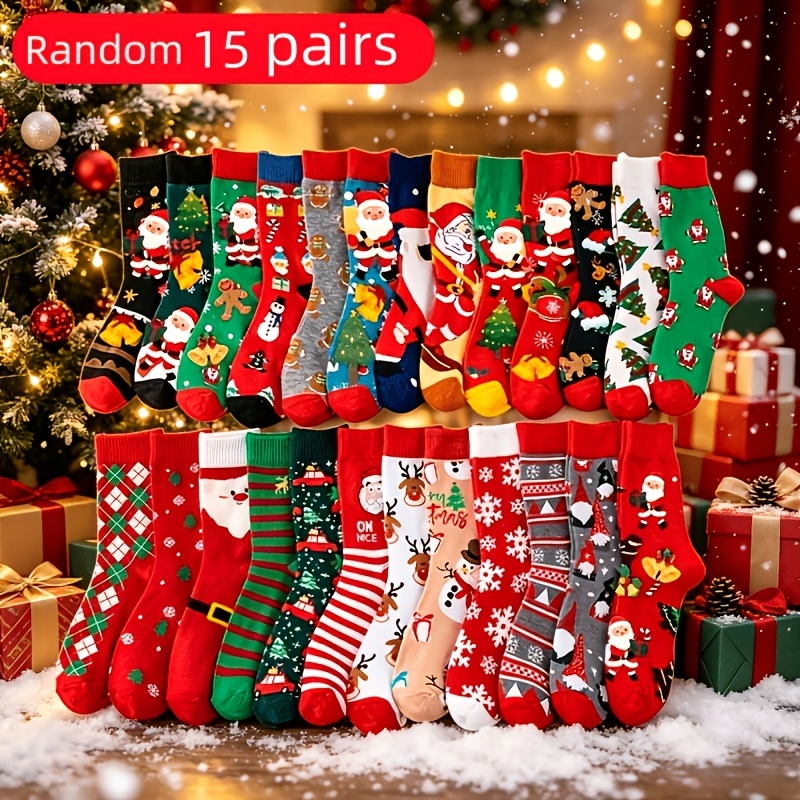 TEMU 15 Pairs Random Color Christmas Cartoon Pattern Autumn Style Soft Comfortable Unisex Home Casual Mid-calf Socks
