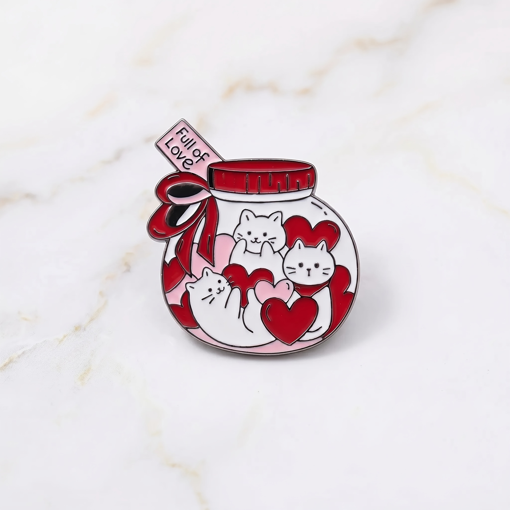TEMU Romantic Wish Jar Cat Badge Round Bottle With Red Lid And Ribbon, Featuring 3 Little Clustered Around A Pink Heart, Spring/autumn Shirt Trench